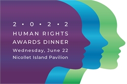 [ai] Graphic featuring three stylized profiles in green and blue against a purple background. Text reads: "2022 Human Rights Awards Dinner, Wednesday, June 22, Nicollet Island Pavilion."